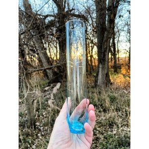 Vintage Turquoise Blue Clear Tint Etched Tall Bud Flower Vase 9.5"